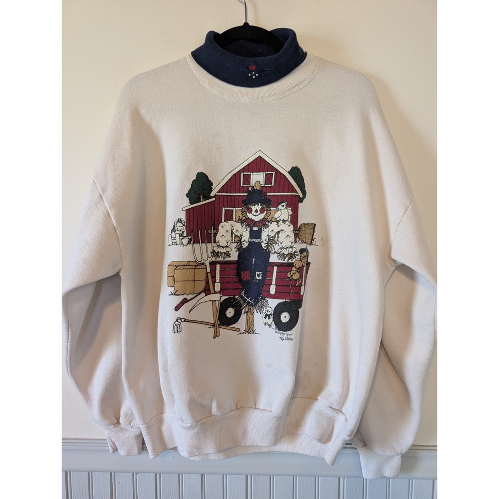 Vintage 90s Fall Farm Scarecrow Sweatshirt Turtleneck Women XL USA Mom Grandma